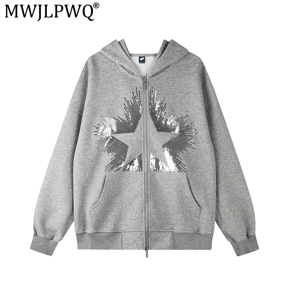 MWJLPWQ Star Sequin Embroidered Hooded Sweatshirt For Men High Street Fashion Design Unique Loose Fit Double Zipper Tops 20620