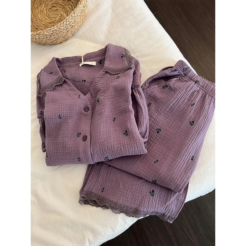 Spring Autumn Women Floral Loungewear Set Girls Student Collared Long Sleeve Pants Pajamas Woman Casual Home Clothes Teen Lady