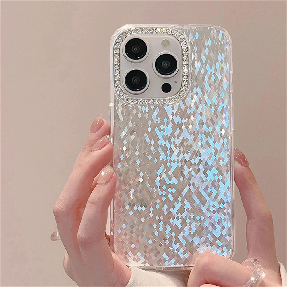 Luxury Laser Silver Glitter Diamonds Camera Phone Case For iPhone 11 12 13 14 15 16 Pro Max Plus Fashion Jewelled Bling Cover