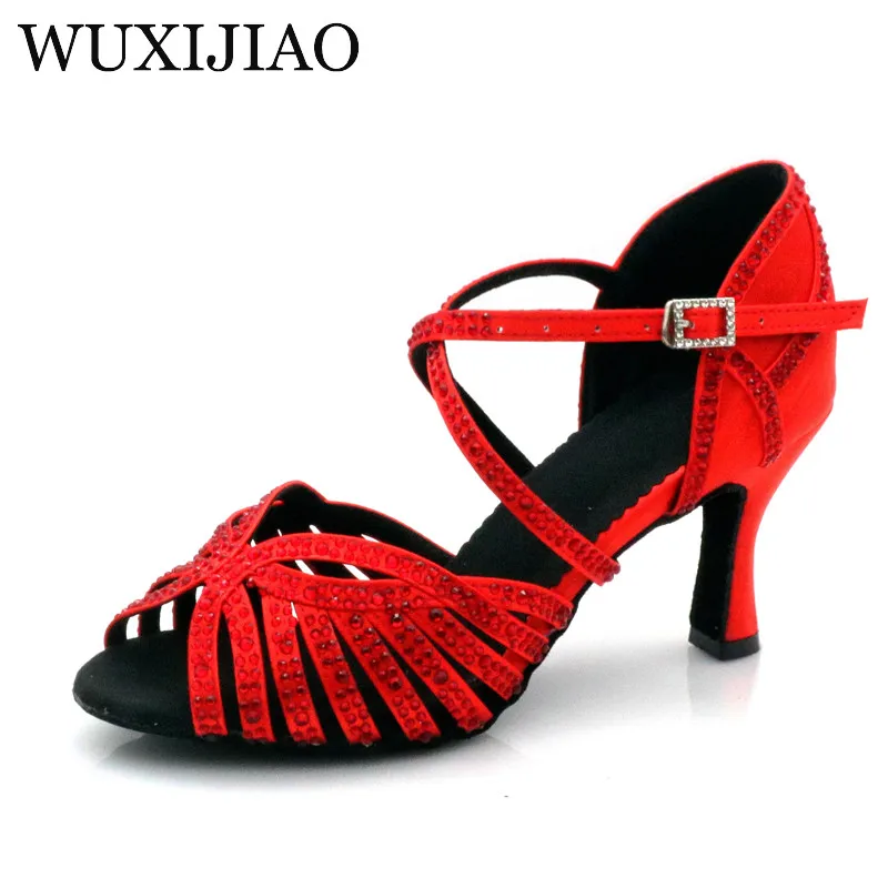 Latin dance shoes women's salsa/tango ballroom party cross-over dance shoes red/black rhinestone dance shoes high heels