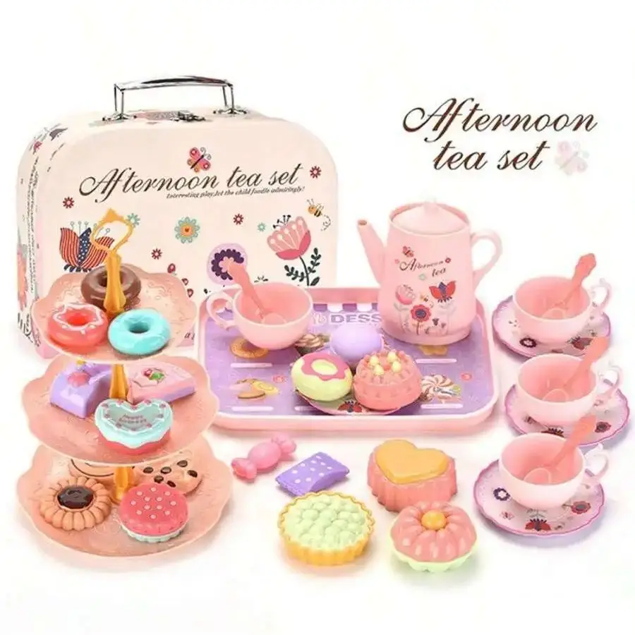 Ensemble de fête de thé pour filles, 42 pièces, jouets de cuisine princesse avec biscuits desserts, beignets et théière, cadeau de jeu de rôle pour enfants