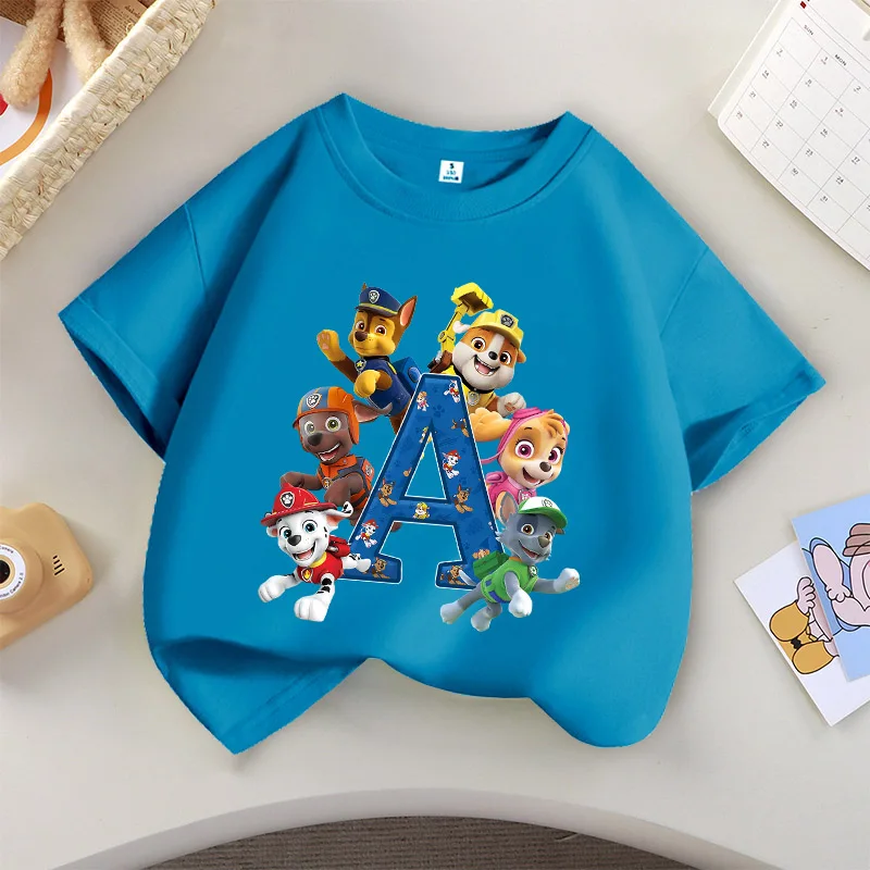 

Cute PAW Patrol T-shirt Letter A-Z Boys Clothes Short Sleeve Outdoor Wear Summer Cartoon Toddler Kids Birthday Children Clothing