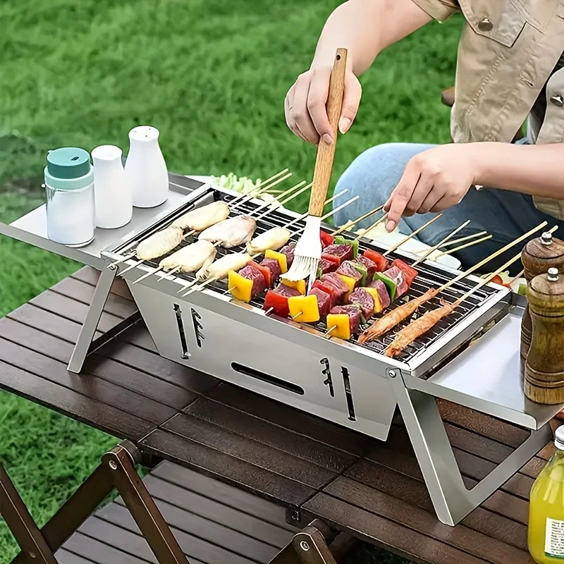 Portable Stainless Steel Charcoal Grill - Easy to Fold，Food Grade Outdoor Camping Picnic BBQ