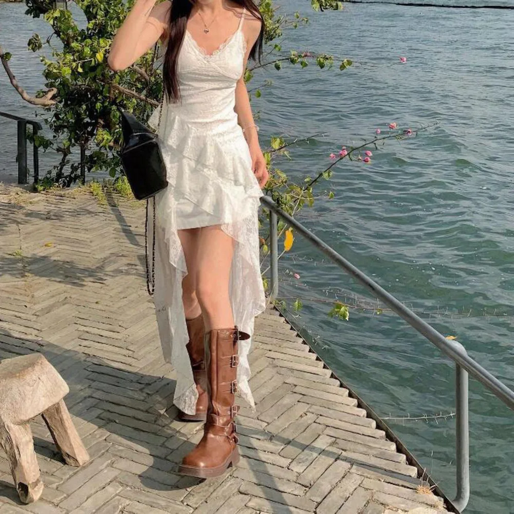 

Trendy 2024 Sexy Irregular Hem Slit Dress Floral Lace Bustier Tube Dress for Women Bodycon Backless Summer Beach Party