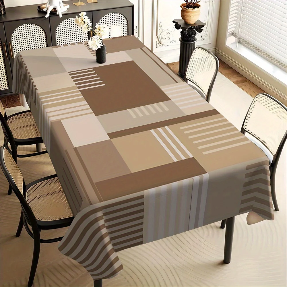 One brown and beige geometric checkered tablecloth - durable polyester rectangular kitchen table cover, for home decoration
