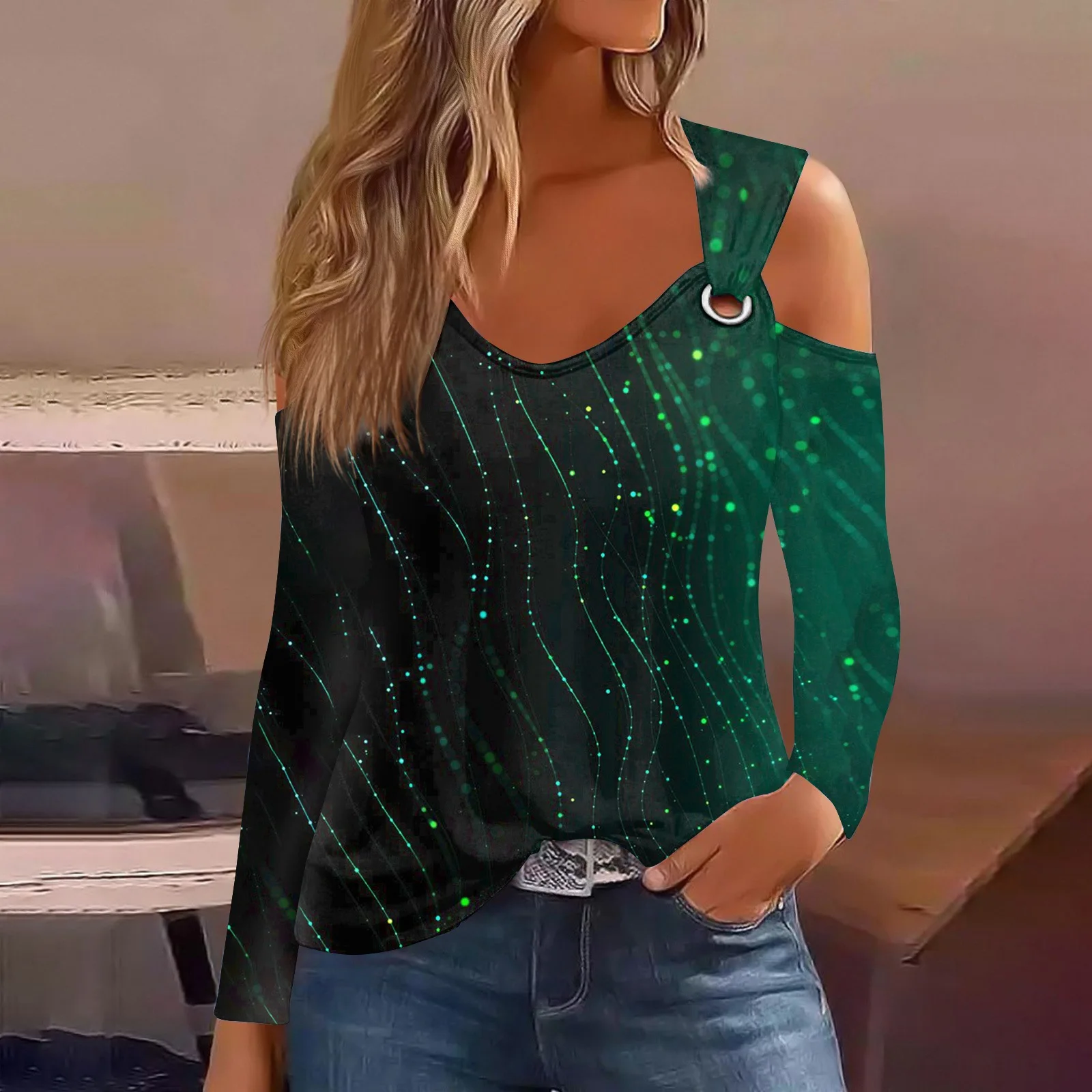 2024 Jesienna koszulka z długim rękawem i kwiatowym nadrukiem Kobiety Casual Hollow Out Tshirt Damskie topy Sexy Off Shoulder T Shirt Top Femme