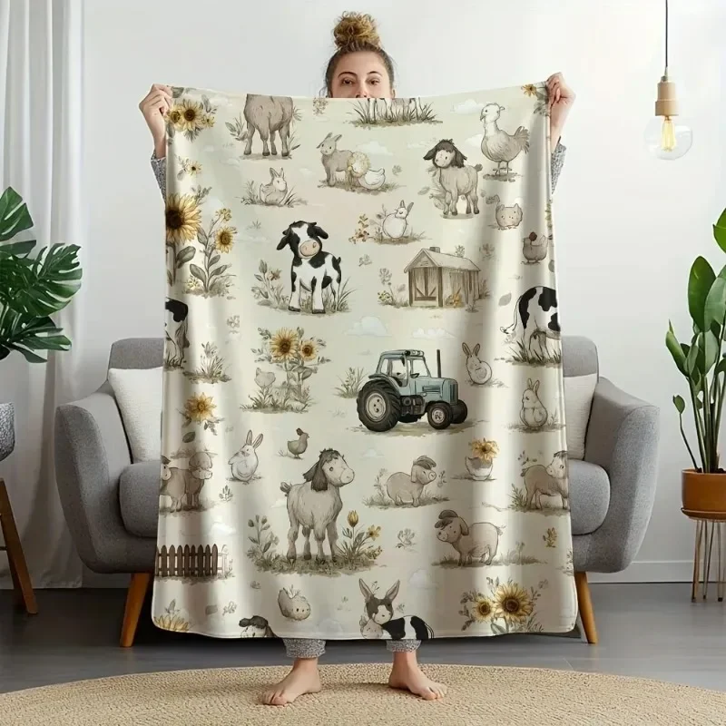 

Vintage Farm Animal Tractor Pattern Flannel Blanket Soft Throw for Bed Sofa Couch Country Style Home Decor All Seasons