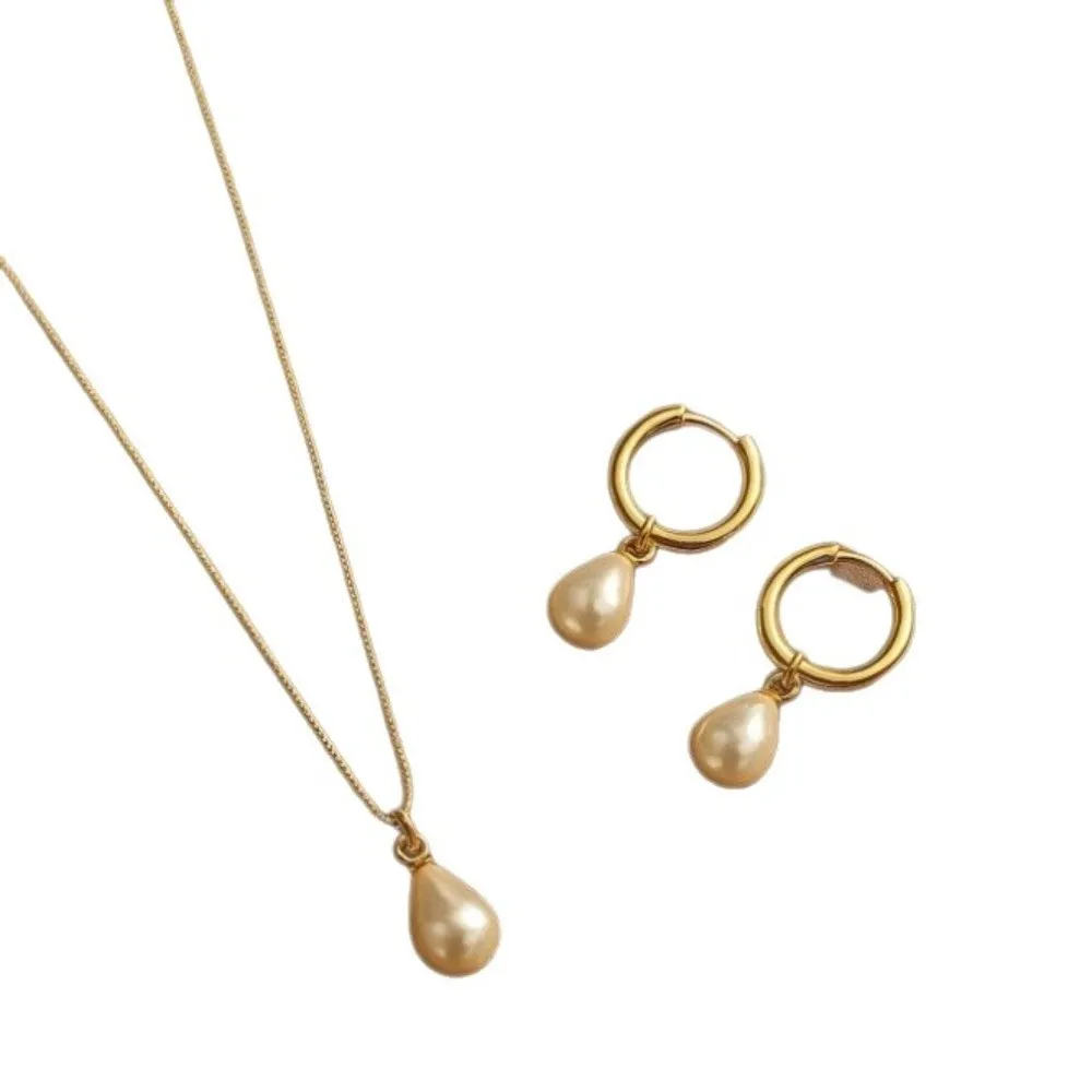 Imitation Pearl Pearl Set Waterproof Minimalist Geometric Clavicle Chain Earrings Chic Stainless Steel Two Piece Jewelry Set