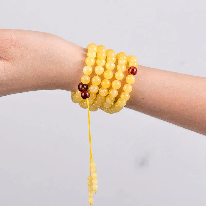Chicken oil yellow and white flower bracelet, necklace, sweater chain, second-generation amber honey wax 108 Buddha beads