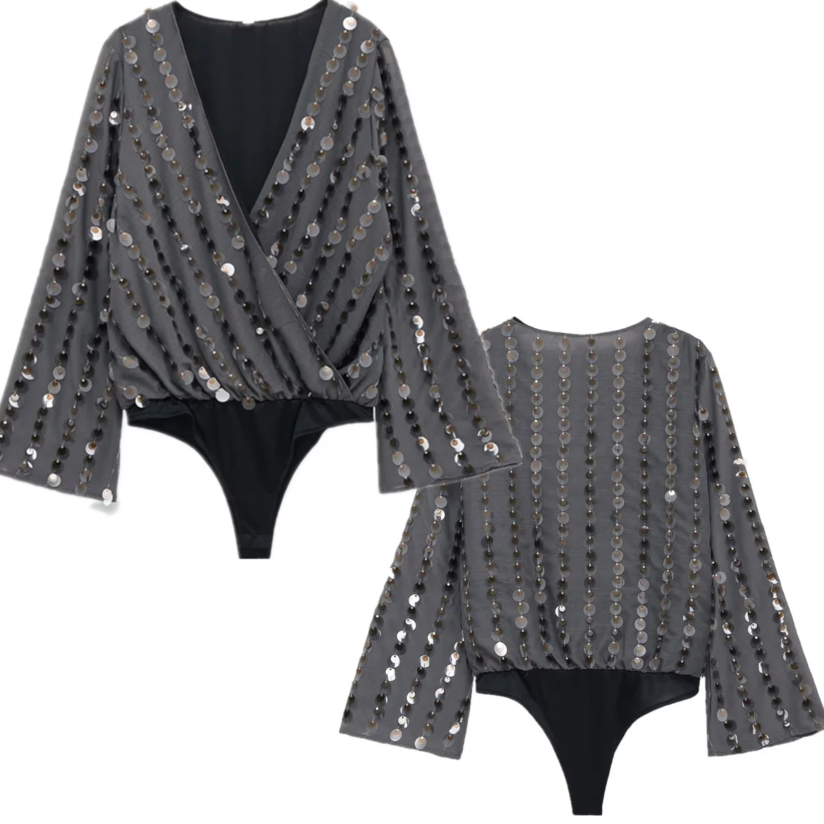 Jenny&Dave Franse mode decoratieve jumpsuit met pailletten, sexy elegante bodysuits met V-hals, trui, tops, dameskleding