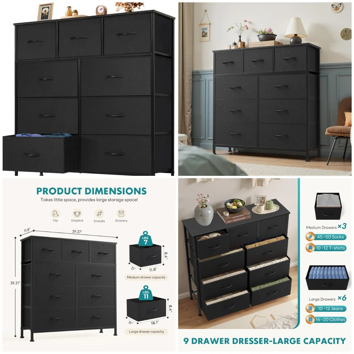 

9-Drawer Wood Top Dresser - Fabric Storage Chest for Bedroom, Living Room, Hallway - Carbon Black