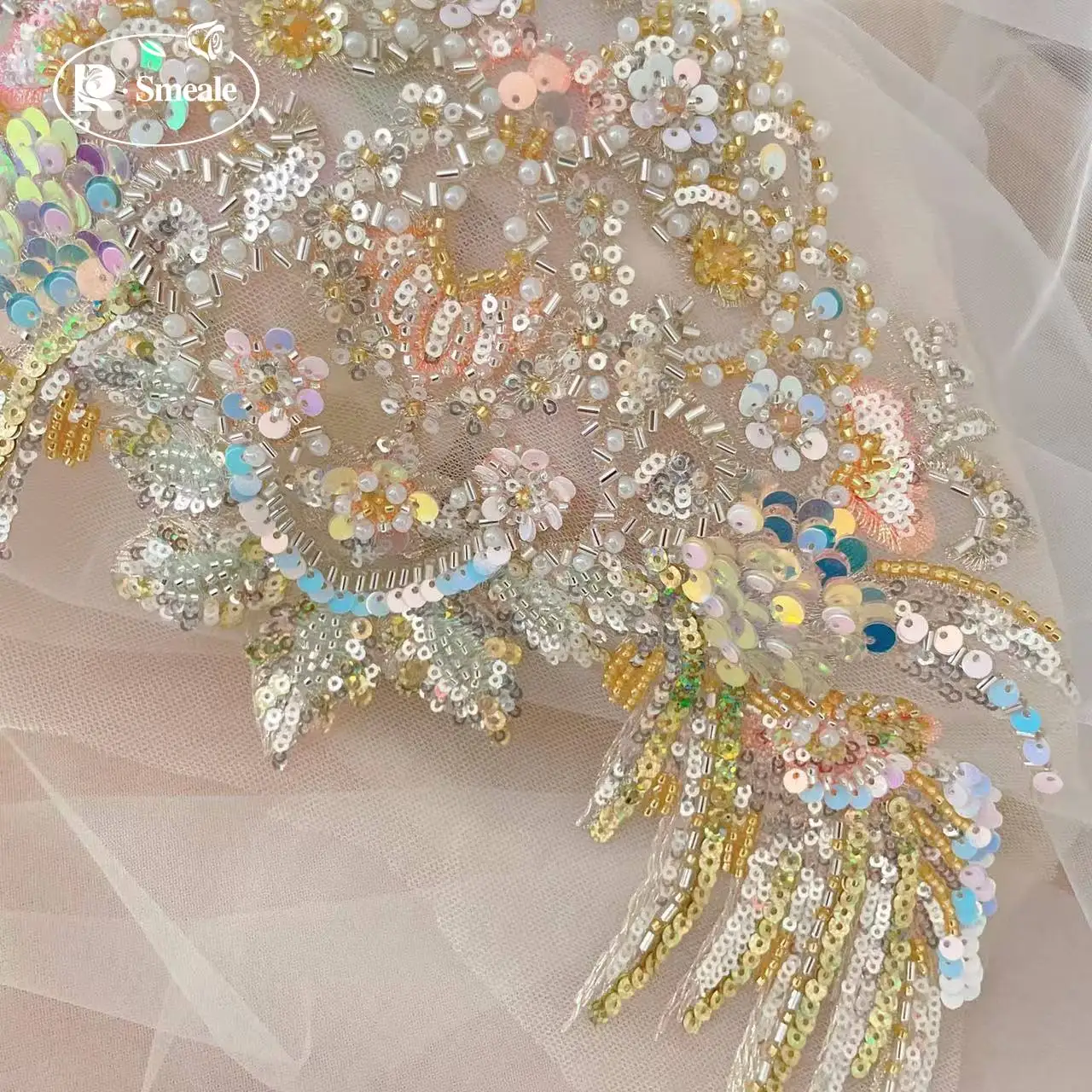 Pailletten-Perlen-Stickerei-Spitzenkopfbedeckung, Kostüm-Hanfu-Gürtel, Champagnergold-Fischschuppen, Bühnenkostüm, RS24609 – Detail 6