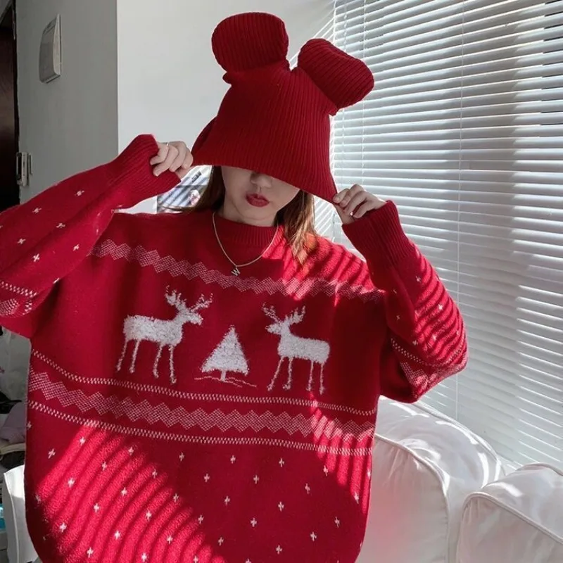 Christmas Red Cute Elk Print Sweater for Women Loose Autumn and Winter Korean Style Pullover Versatile