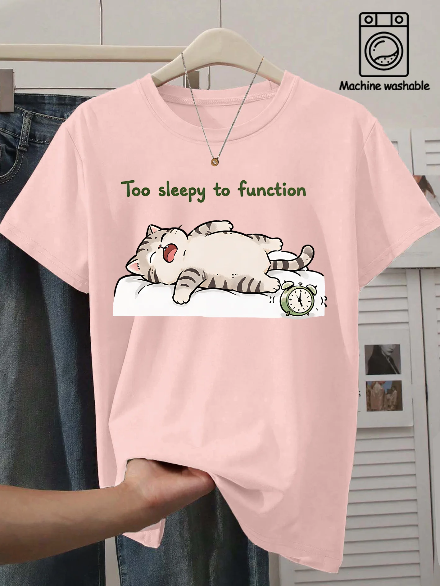 Ladies' Too Sleeping To Function Grey Tabby Cat Alarm Clock Fun English Cartoon Print Pattern Retro Round Neck Women's Clothing