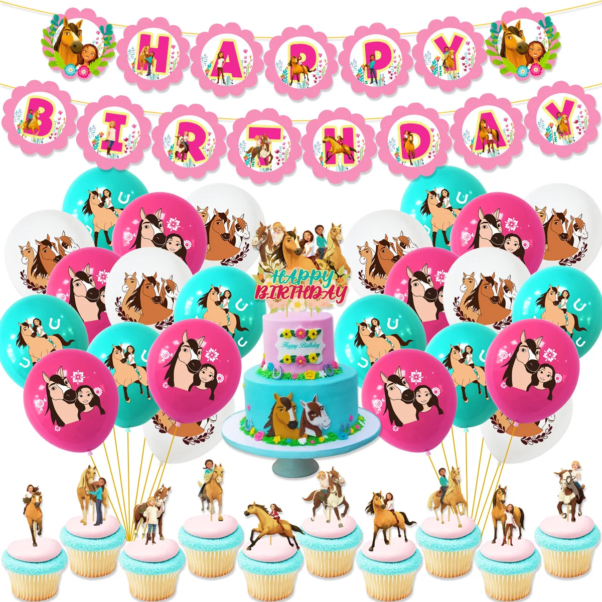 

Cartoon Spirit Riding Horse Theme Birthday Party Disposable Tableware Set Balloons Decorations Banner Cake Topper Party Supplies