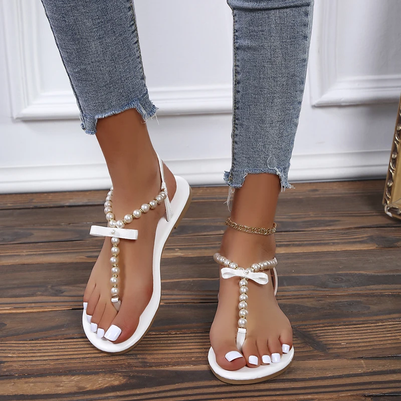 2022 Summer Women Sandals Flat Clip-toe Pearl String Sandals Plus Size Female Shoes 43 Trendy Boho Beach Pink Shoes