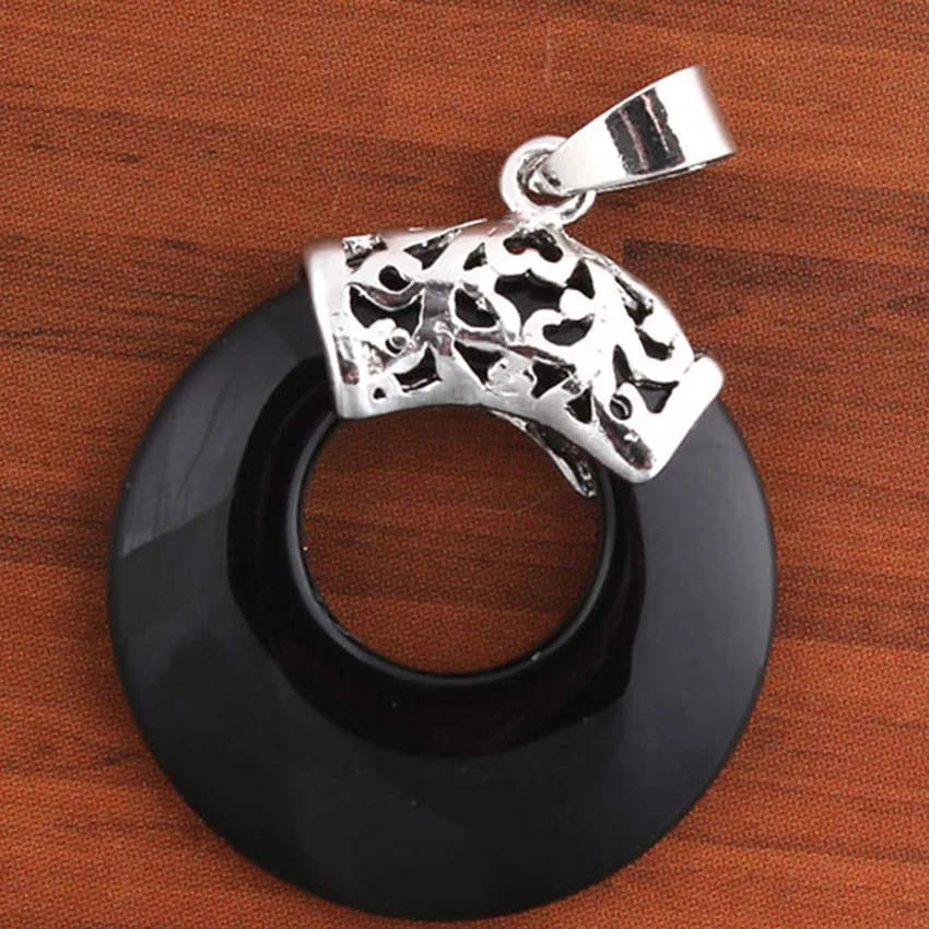 Silver Plated Natural Black Onyx Stone Round Hollow Shape Vintage Agate Pendant For Necklace Charm Women Gilrs Jewelry Gifts