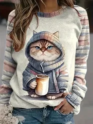 Design Sense 24 Early Autumn New Product Cat Print Pattern Long Sleeved T-Shirt Casual Hoodie European And American StyleWA2