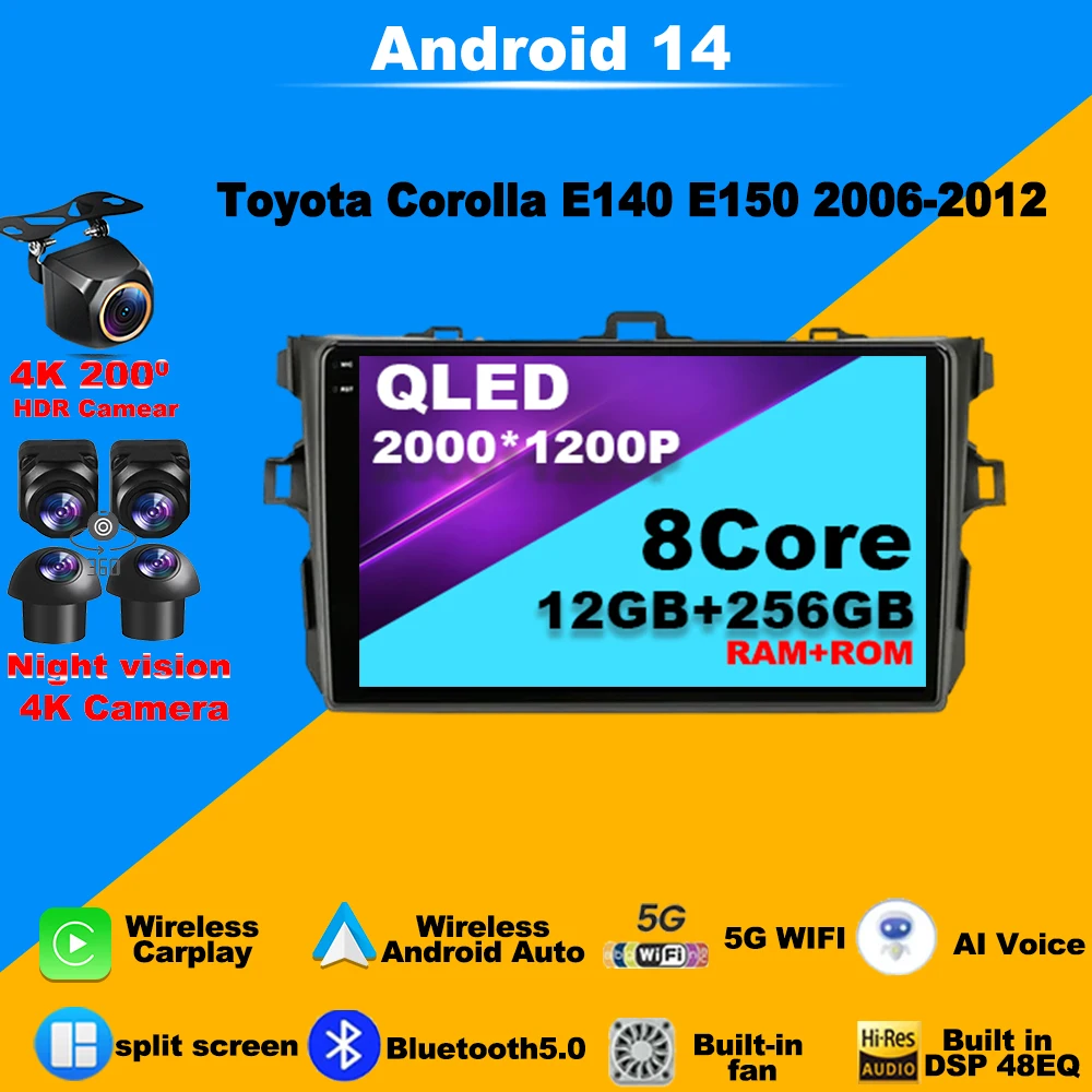 

Android 14 Car Radio For Toyota Corolla E140 E150 2006-2012 Multimedia Video Player CarPlay GPS Navigation WIFI BT DVD Head unit