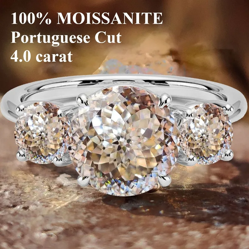 

4 carat moissanite Portuguese cut D vvs1 3 stones ring Womens Ring Simple Style 925 Sterling Silver Fashion Jewelry Gift