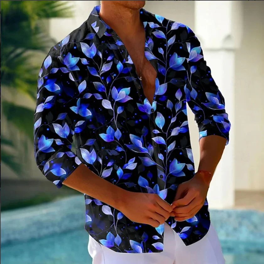 

New Hawaiian Men's Natural Plants Long Sleeve Shirt Fashion Casual Street Travel Beach 3D Leaf Print Long Sleeve Button Shirt