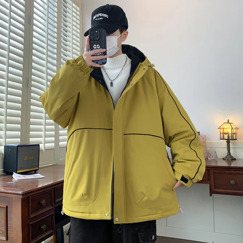 M-8XL men's casual jacket, 2024 Autumn/Winter color contrast cotton padded jacket, hooded warm simple large size loose padded ja