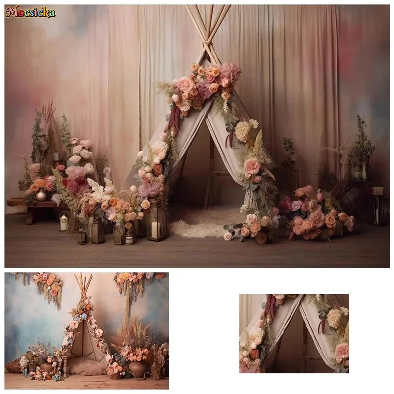 

Mocsicka Spring Photography Backdrops Floral Tent Backgrounds Happy Birthday Party Kids Portraits Cake Smash Photo Banners