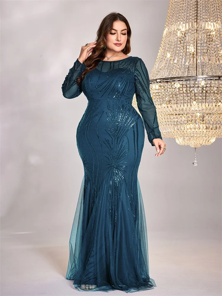 Plus Size Elegant Blue Long Sleeves Sequin Evening Dresses Women Luxury O-neck Mermaid Formal Wedding Party Prom Gowns