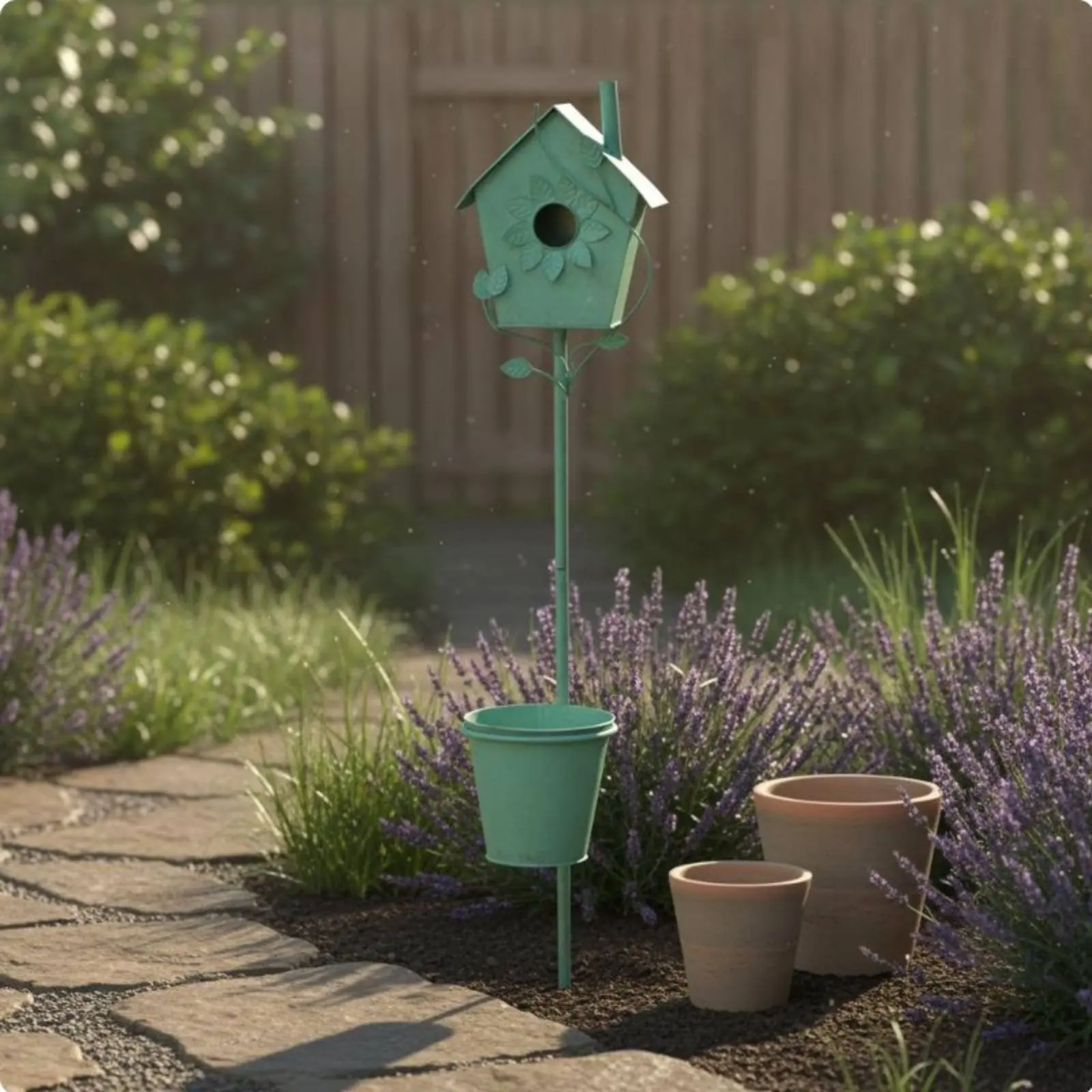 

Decorative Birdhouse Stake with Planter Freestanding Metal Birdhouse Garden Stake Wrought Metal Avian Feeder Planter