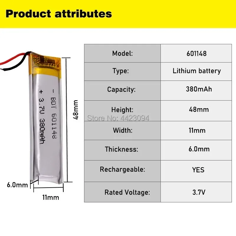 3.7V 380mAh 601148 Lithium Polymer Li-Po Rechargeable li ion Battery For Mp3 MP4 MP5 GPS Vedio Game toys LWH 48*11*6mm