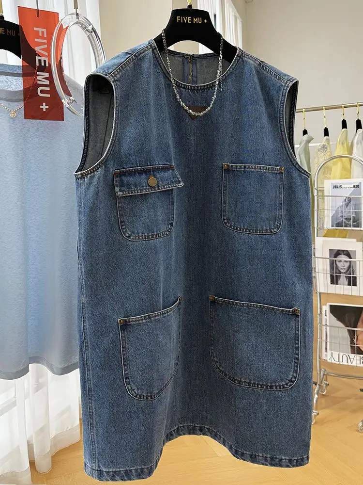 

Large Size Sleeveless Women's Dress Round Neck All Match Casual Denim Skirts Solid Color Loose Straight Pullover Skirt