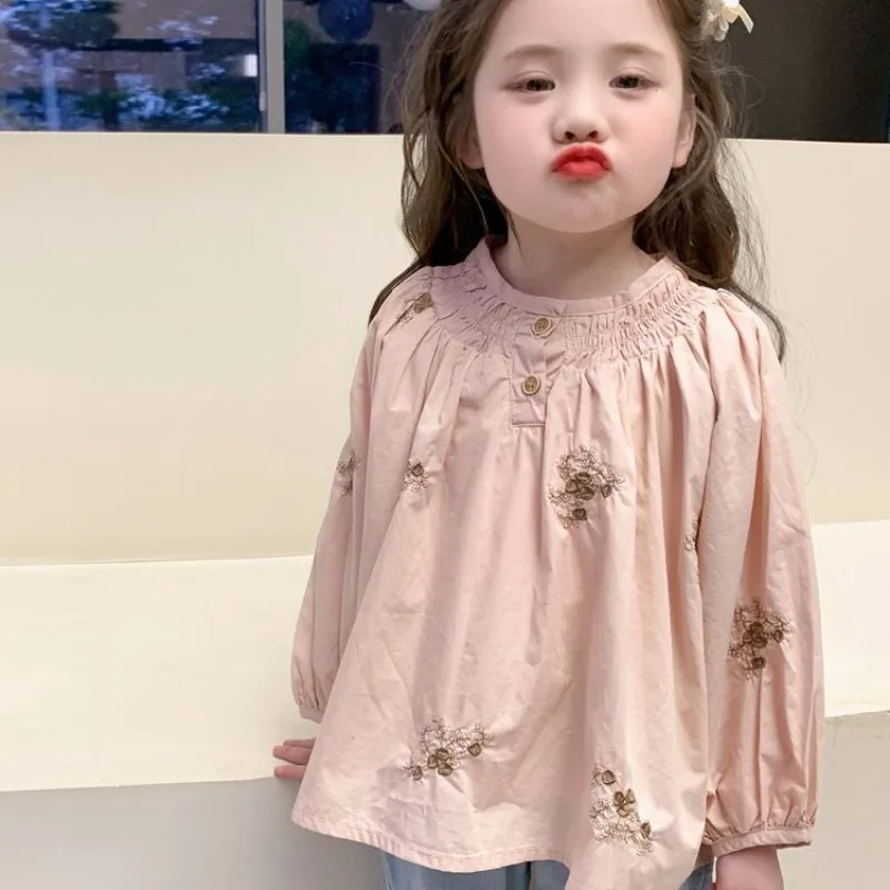

Girls' Stylish Heavy Embroidery Doll Shirt Spring Autumn Korean Style Fashion Blouse for Baby Girls