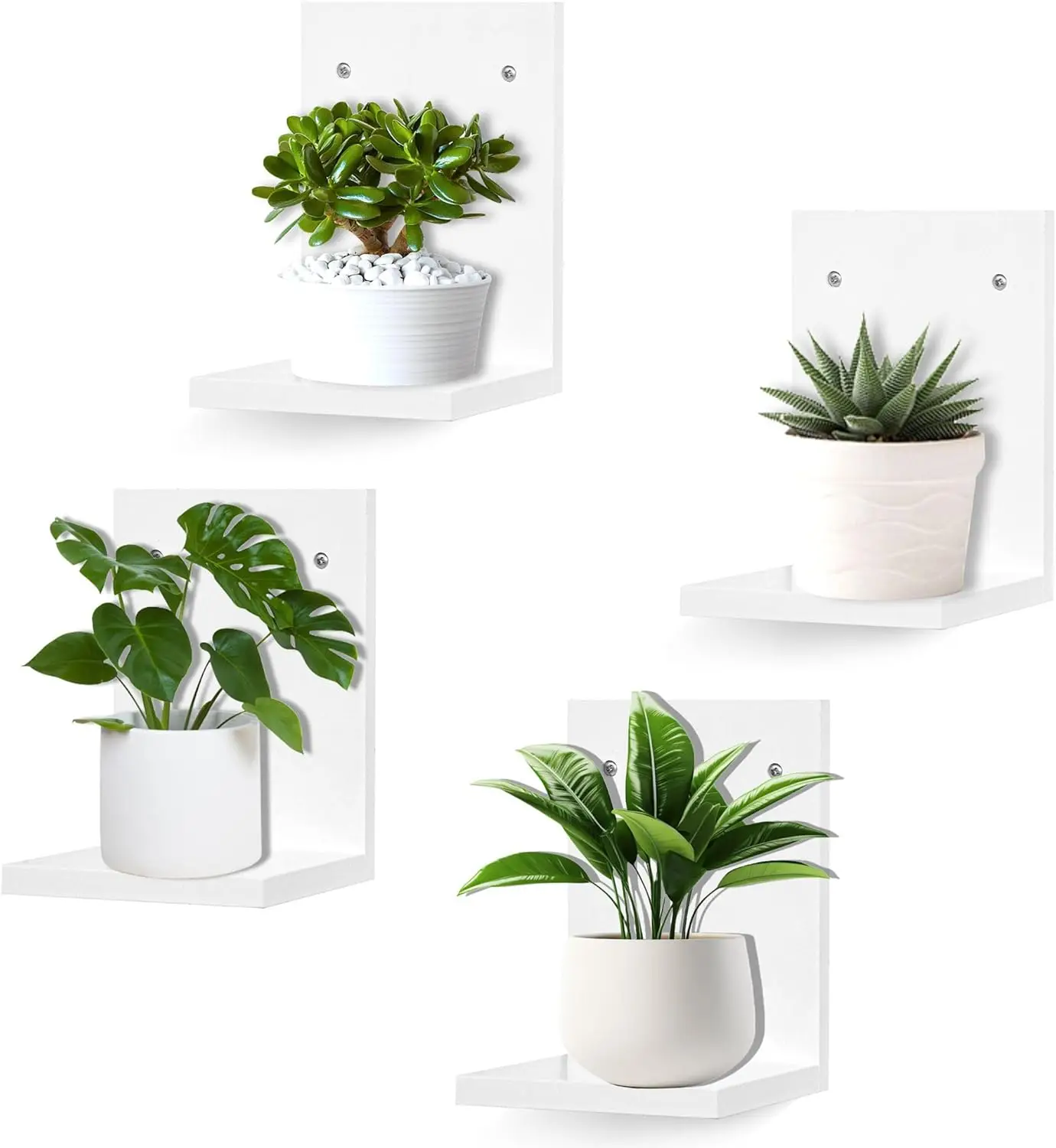 Modern Wooden Floating Shelf, L-Shaped Indoor Wall Mount for Plants & Decor, 4-Pack White, Pine