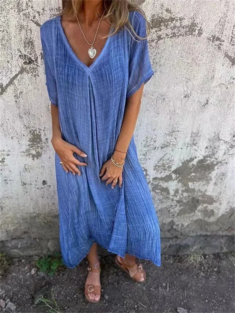 Women Solid Color Cotton Linen Loose V-neck Dresses Fashion Elegant Commuter Dress Female Casual Short Sleeve Princess Gown 2024