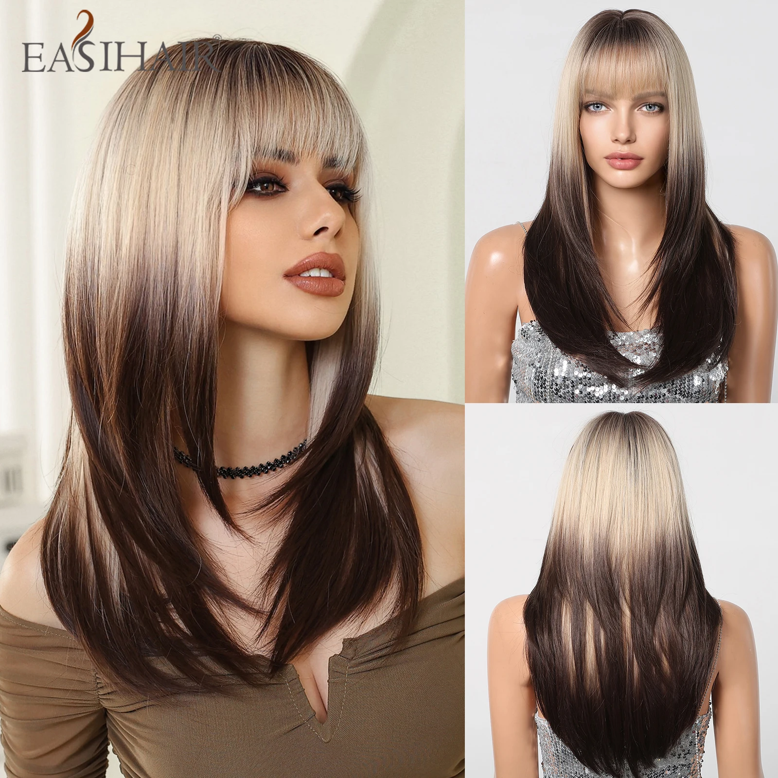 

EASIHAIR Blonde Chocolate Brown Ombre Wigs Long Straight Wig Synthetic Layered Wig with Bangs Heat Resistant Daily Natural Hair