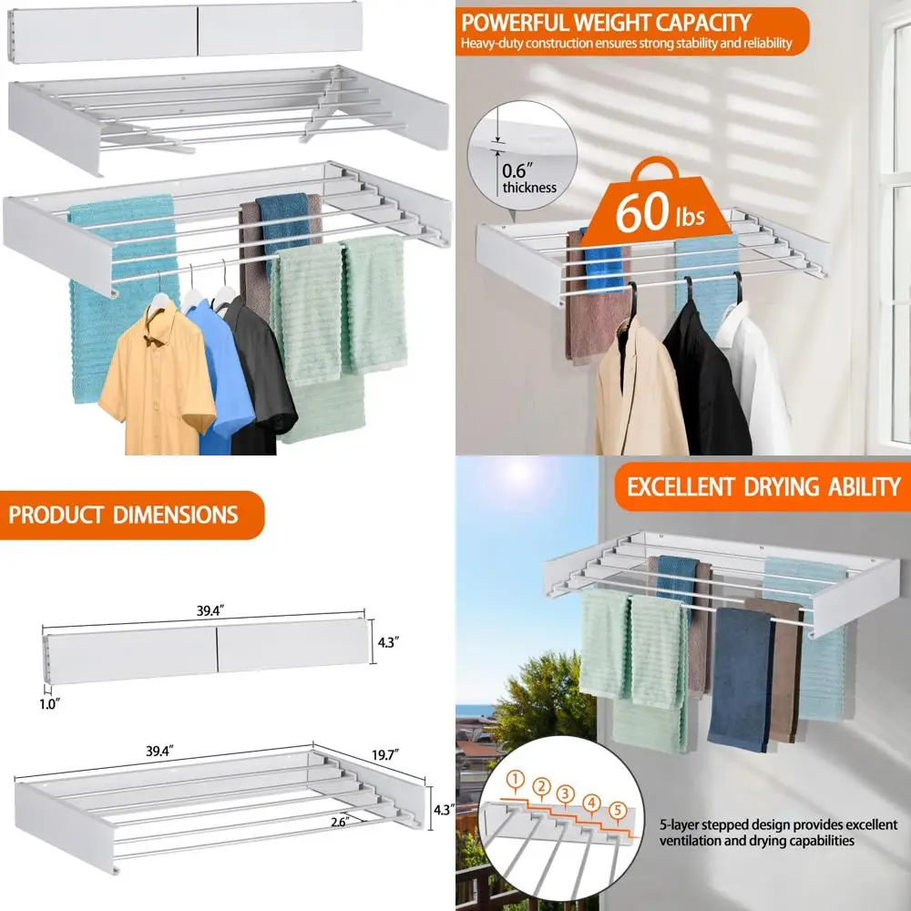 

Складная настенная сушилка для одежды с 4 алюминиевыми стержнями и направляющей для сверления для простой установки