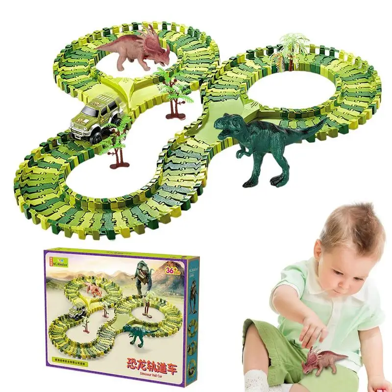 Dinosaur Track Race Track Set Rail Car Toys Assembly Bend Flex Racing 1 Cool Race Car & 2 Dinosaur STEM Building Toys For Kids