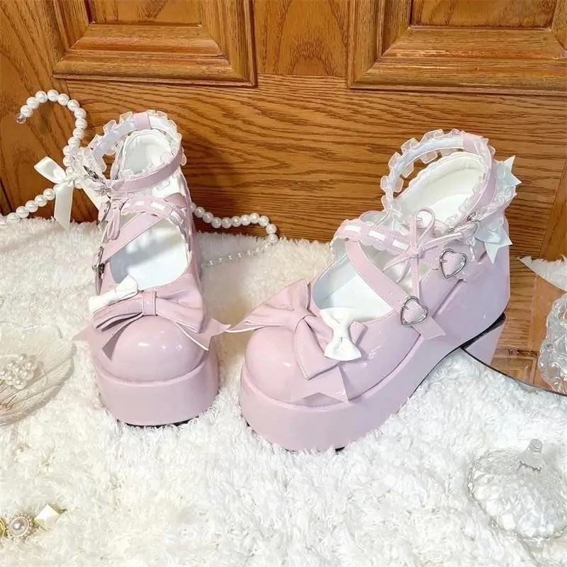 Pink Kawaii Round Headed Lolita JK Shoes Women Sweet Bow Patent Leather Thick Soled Shoes Tea Party Mary Jane Sponge Cake Shoes