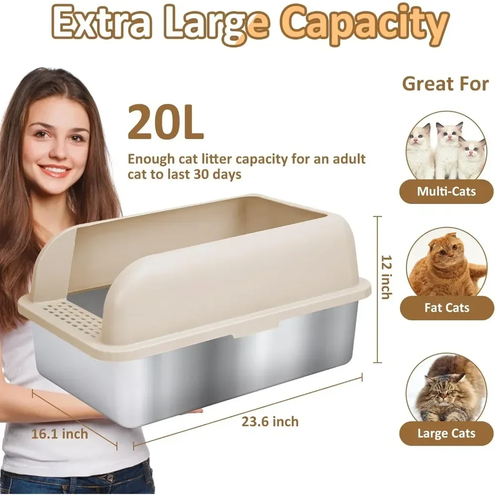 Extra Large Stainless Steel Cat Litter Box with High Wall Enclosed XL Cat Litter Box for Big & Multiple Cat Bedpans