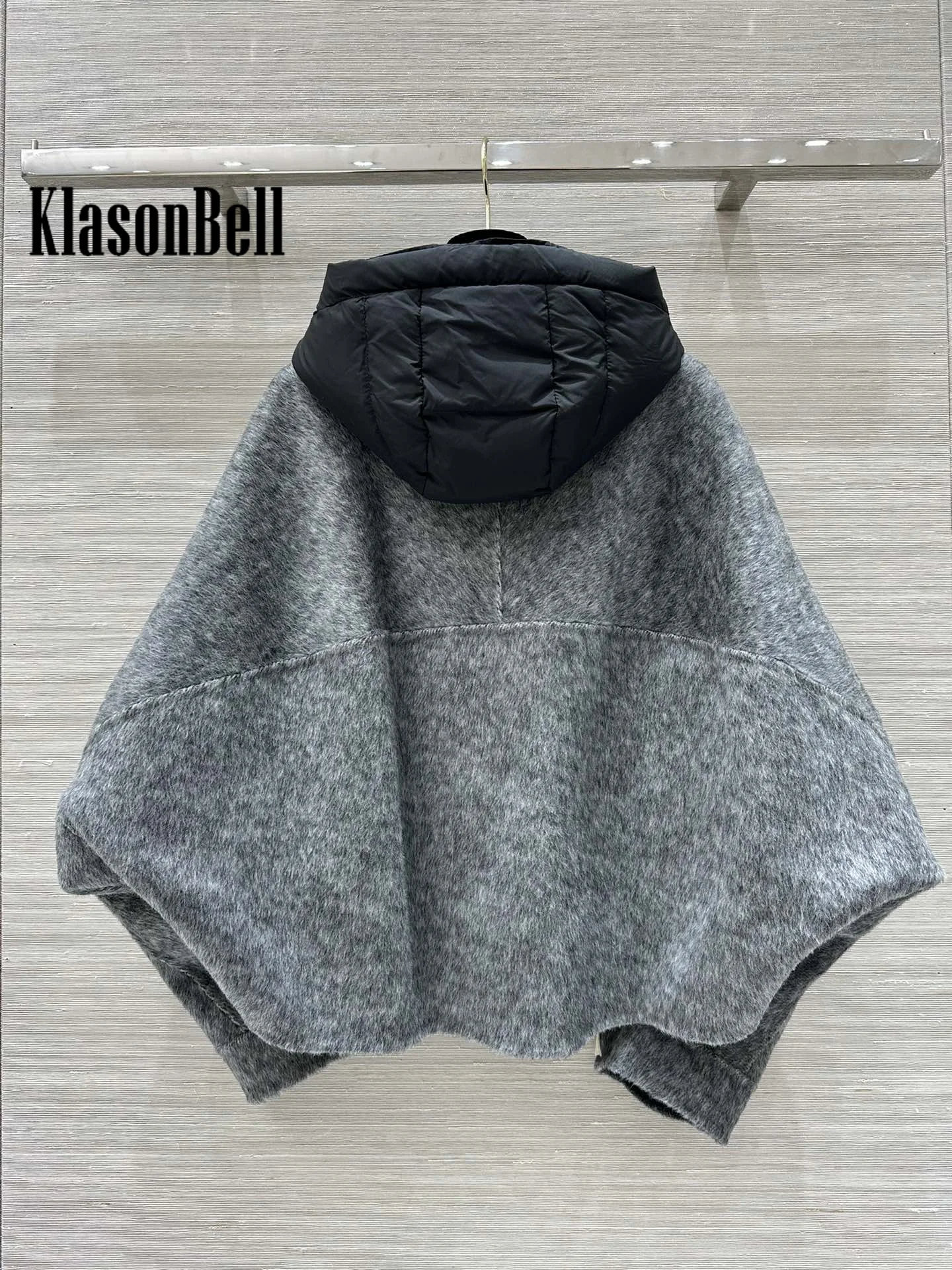 9.25 KlasonBell Women Double-Sided Wool Short Coat Vintage Down Hooded Spliced Woolen Loose Batwing Sleeve Cloak Outerwear