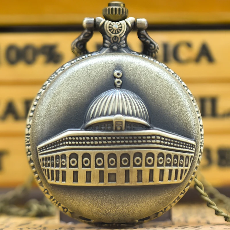 Clamshell perunggu antik sederhana diukir kalung istana Islam kuarsa jam tangan saku hadiah untuk siswa pria dan wanita