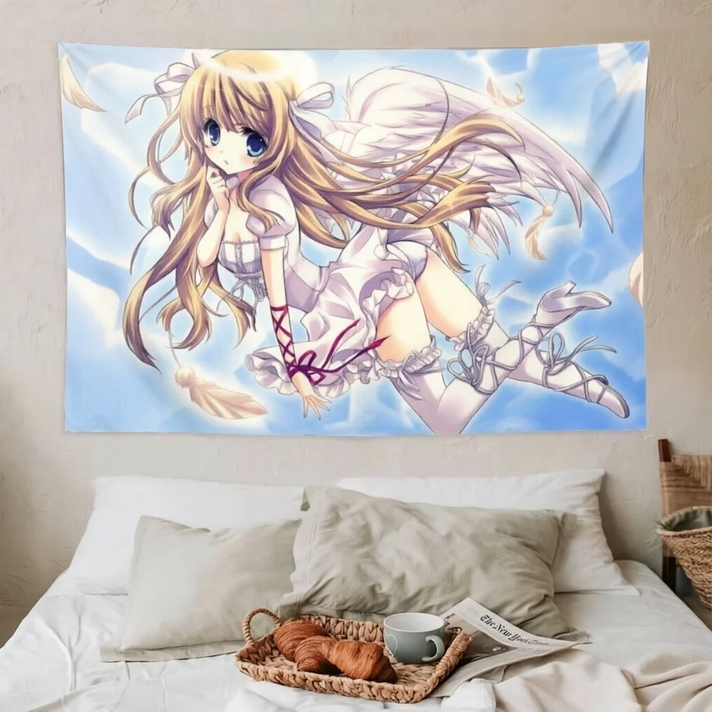 Anime Angel Girl Kawaii Tapestry Blonde Hair White Wings Halo Frilly Dress Anime Wall Hanging Teen Girls Dorm Decor Gift