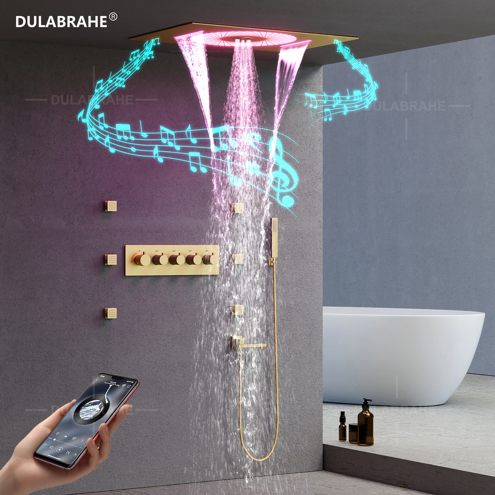 DULABRAHE 2024 NEW Luxury Bathroom Shower Faucet Brushed gold Wall Mounted 600*400mm Thermostatic Shower Set with Music