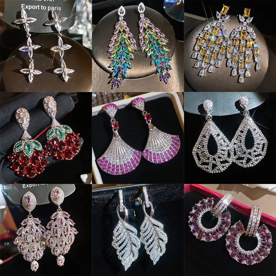 

Luxury Zirconia Earrings For Women Dinner Party Shiny Jewelry White Black Pink Purple Green Oval Shape Cut Out Dangling Earrings