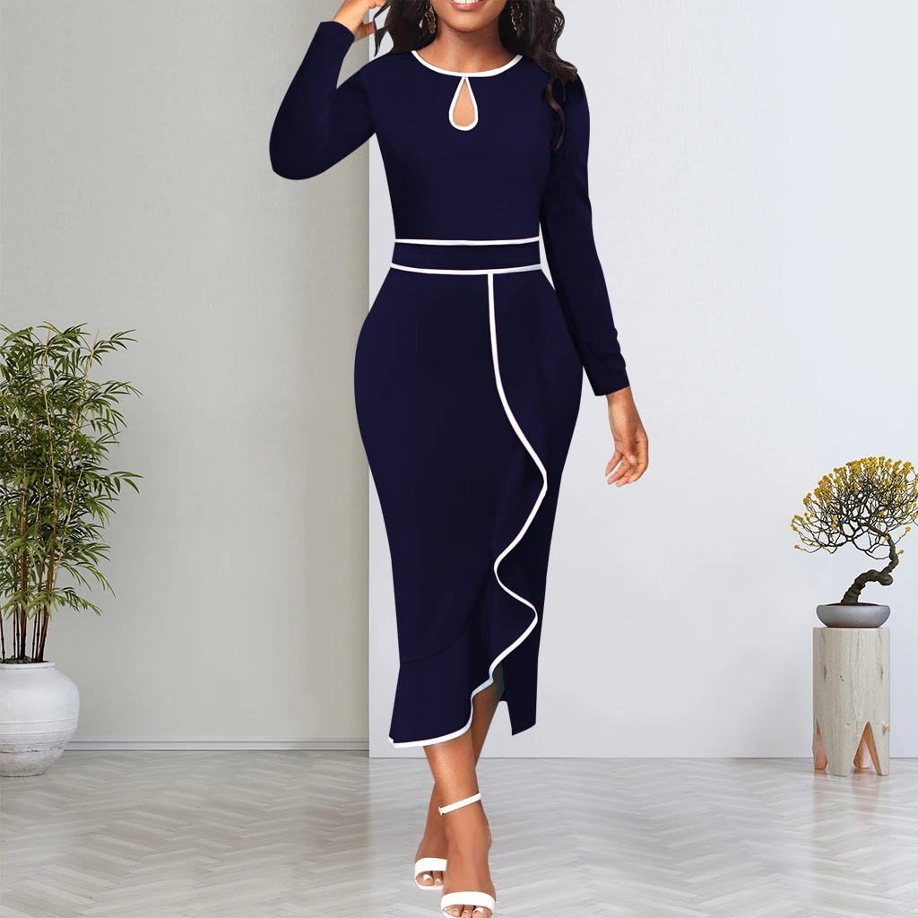 Kleider für Frauen elegant o Hals Rüschen schlanke Bleistift Kleid lässig Arbeit Büro Dame Vestidos de Mujer lässig elegante Midi Robe