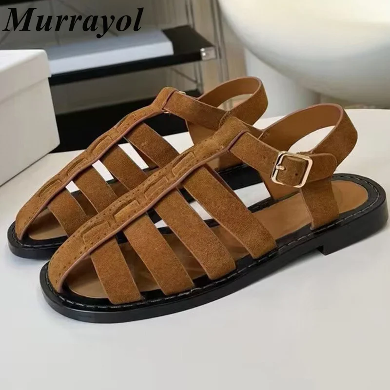 

Closed Toe Weaving Design Back Strap Sandals Women's Genuine Leather Flat Sandalias Summer Outwear Vacation Shoes Gladiator