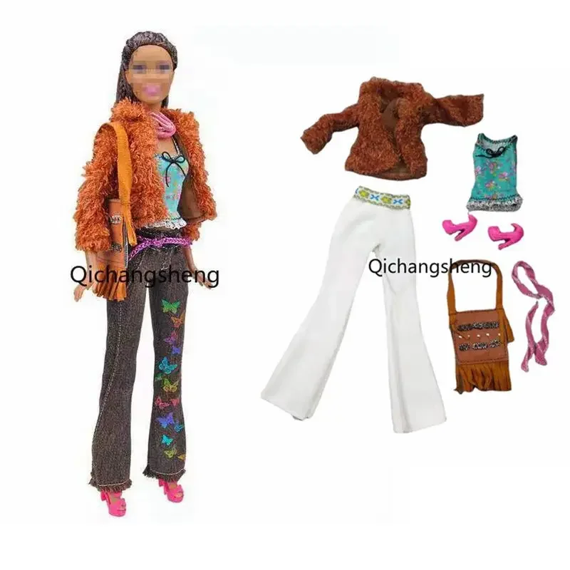 

6 items/Set Fashion 1/6 BJD Doll Accessories For Barbie Clothes Outfits Brown Fur Coat & Pants & Bag & Scarf & Tank & Shoes Toys