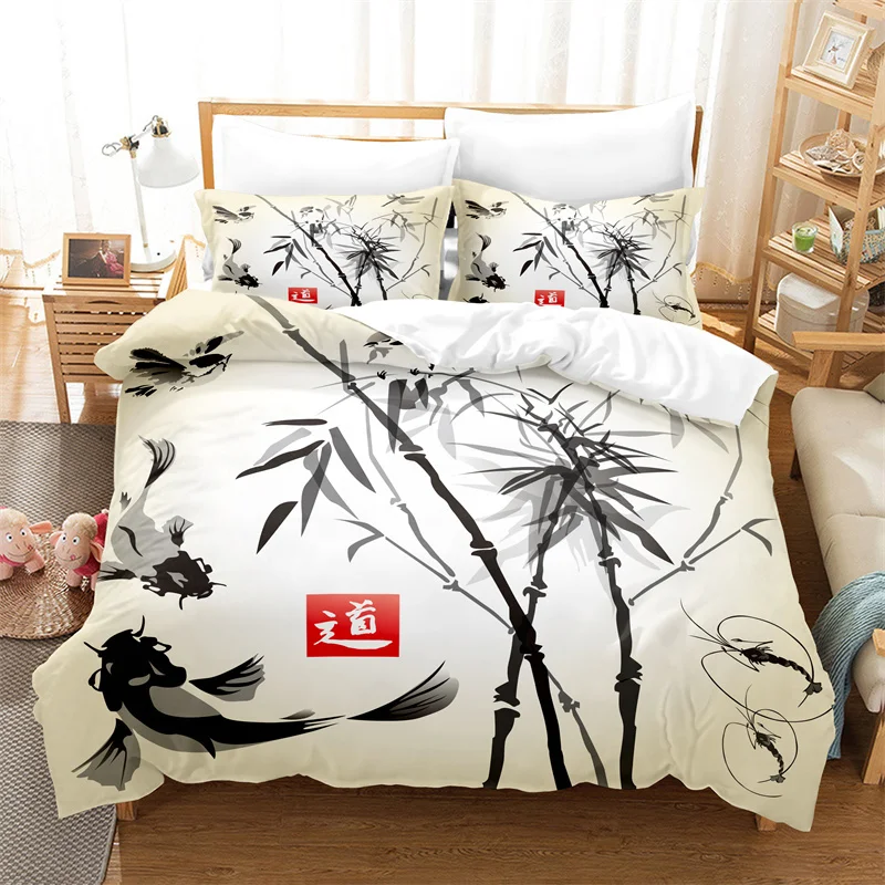 

Bamboo Painting Duvet Cover Set Chinese Style Bedding Set Youth Linen Queen Size Bed Comforter Cover Set Fashion Bedding Set