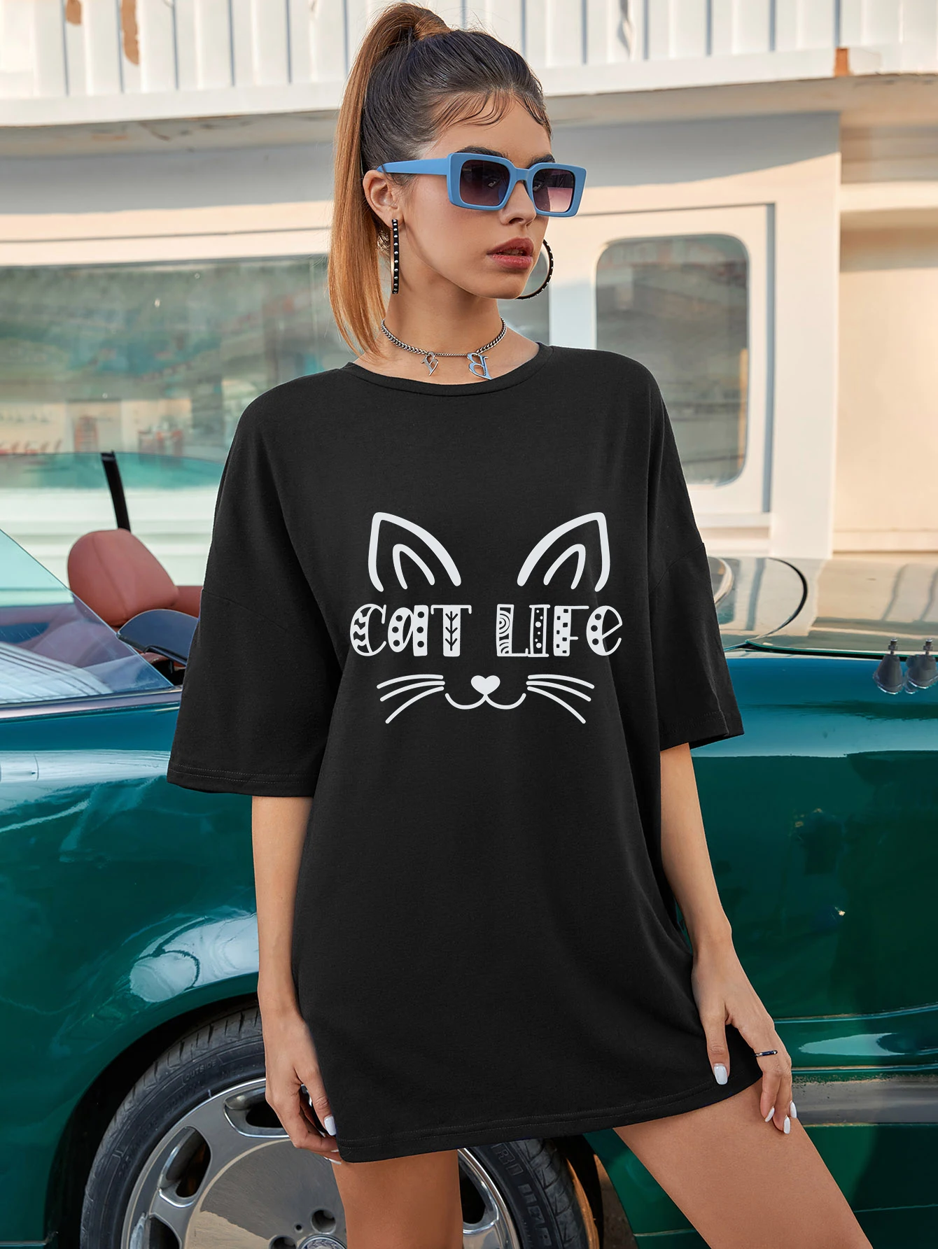 

cat life oversized tshirt cute women graphic cat mom tee shirt