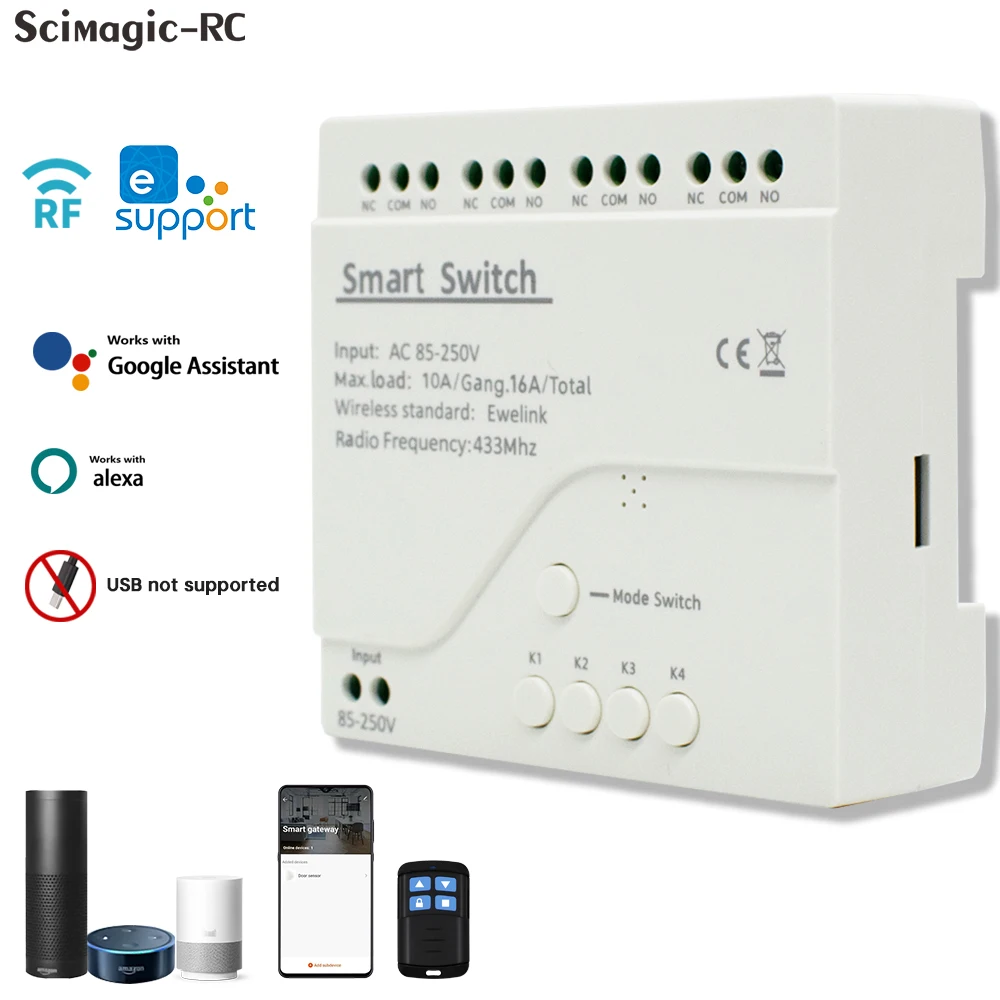 4CH eWeLink Smart Wifi Switch Relay Module AC DC 7-32V 85V-250V 10A Inching Timer Relay Dry Contact Work with Alexa Google Home
